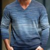 Men DJ Print Sweater | Retro Gradient Printed V-Neck Casual Knitted Pullover Sweater Blue