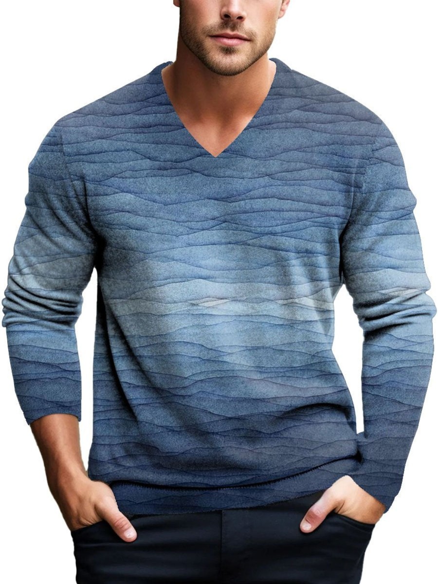 Men DJ Print Sweater | Retro Gradient Printed V-Neck Casual Knitted Pullover Sweater Blue