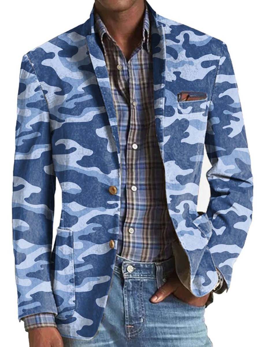 Men BXL Print Jacket | Men'S Camo Print Casual Pocket Blazer Blue