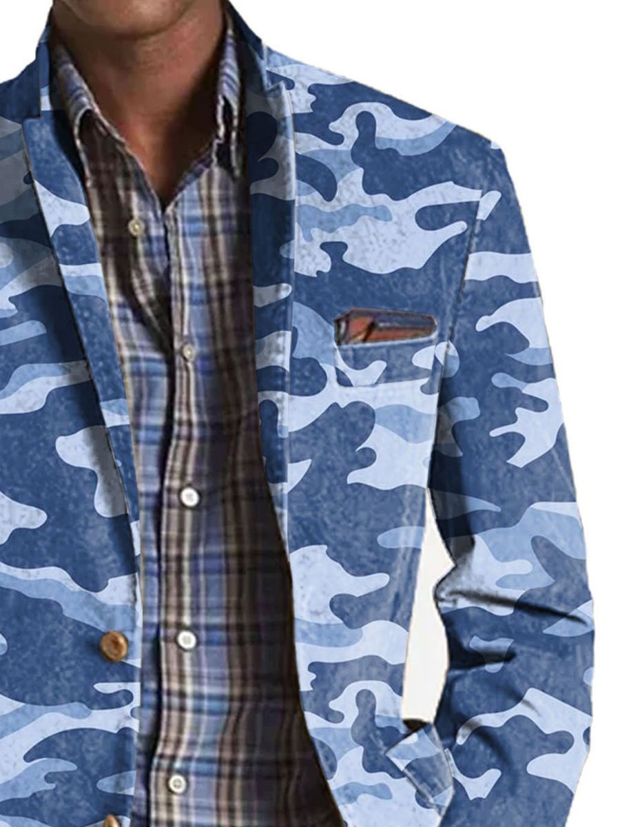 Men BXL Print Jacket | Men'S Camo Print Casual Pocket Blazer Blue