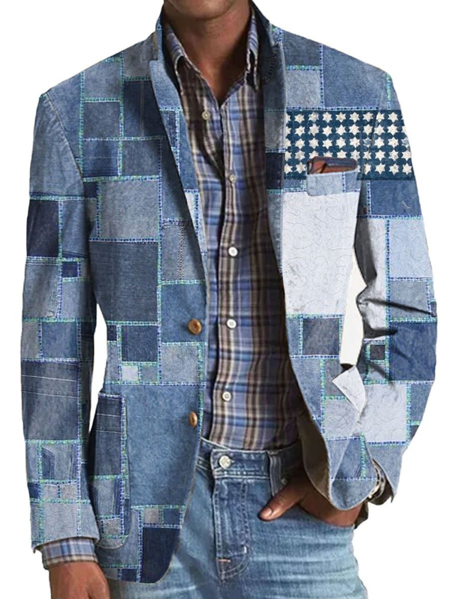 Men BXL Print Jacket | Men'S American Flag Patchwork Printed Lapel Multi-Pocket Casual Blazer Blue