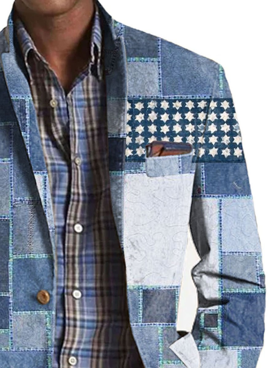 Men BXL Print Jacket | Men'S American Flag Patchwork Printed Lapel Multi-Pocket Casual Blazer Blue