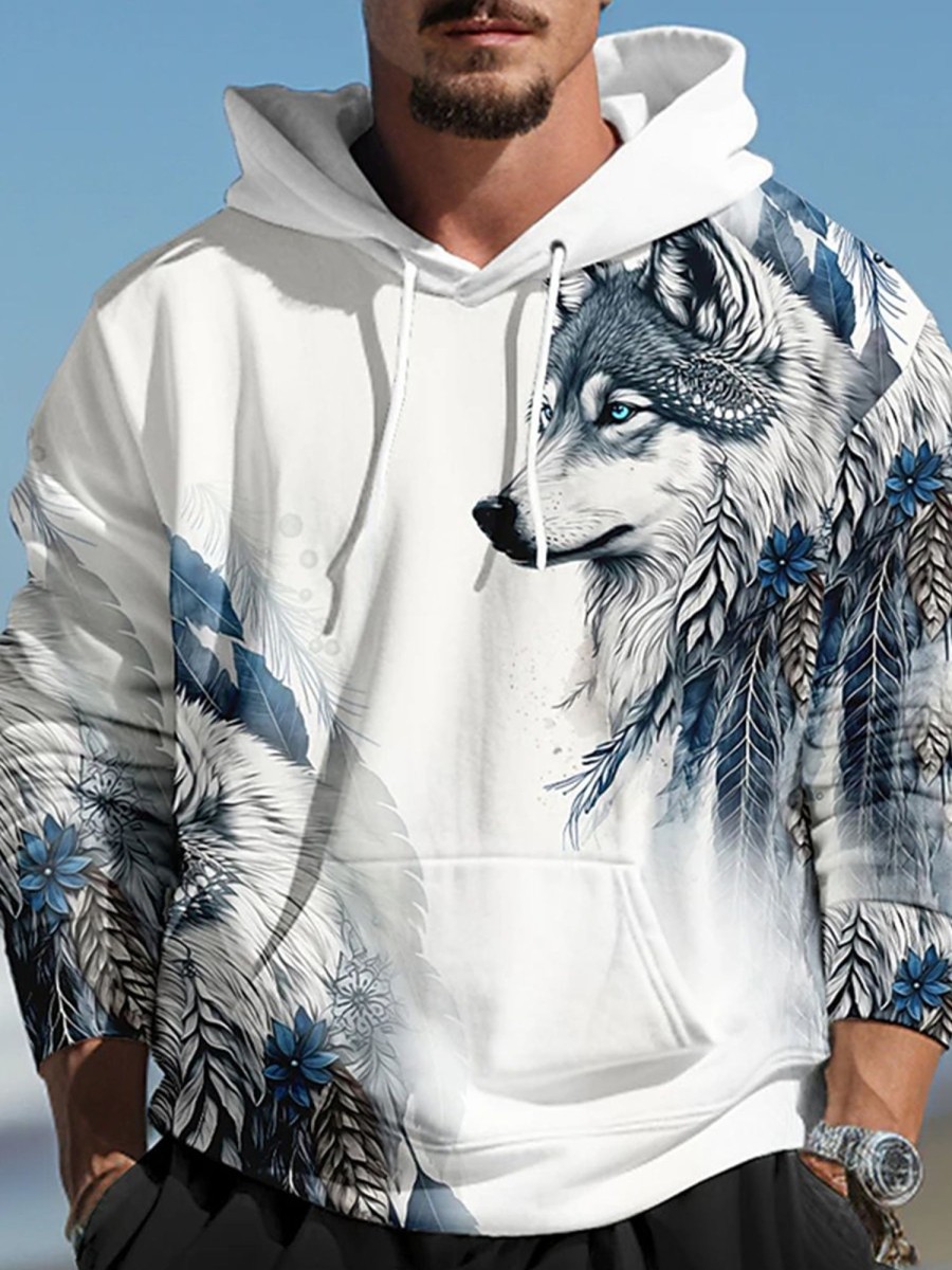 Men LJC T-Shirts | Snow Wolf Print Pocket Hoodie White