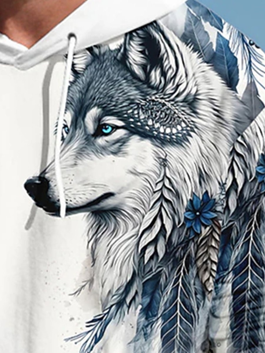 Men LJC T-Shirts | Snow Wolf Print Pocket Hoodie White