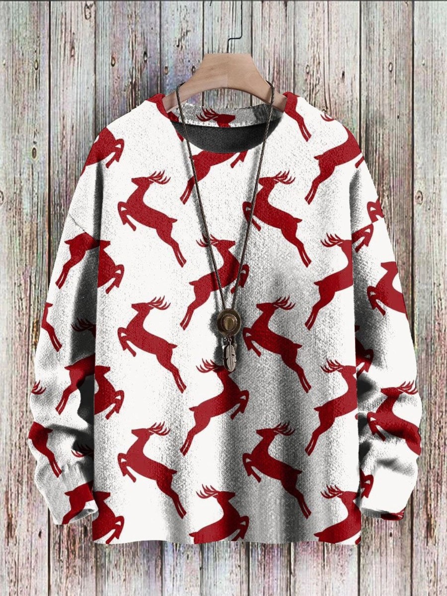 Men DJ Print Sweater | Christmas Elk Print Casual Crew Neck Pullover Sweater White