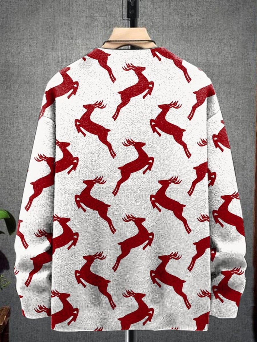 Men DJ Print Sweater | Christmas Elk Print Casual Crew Neck Pullover Sweater White