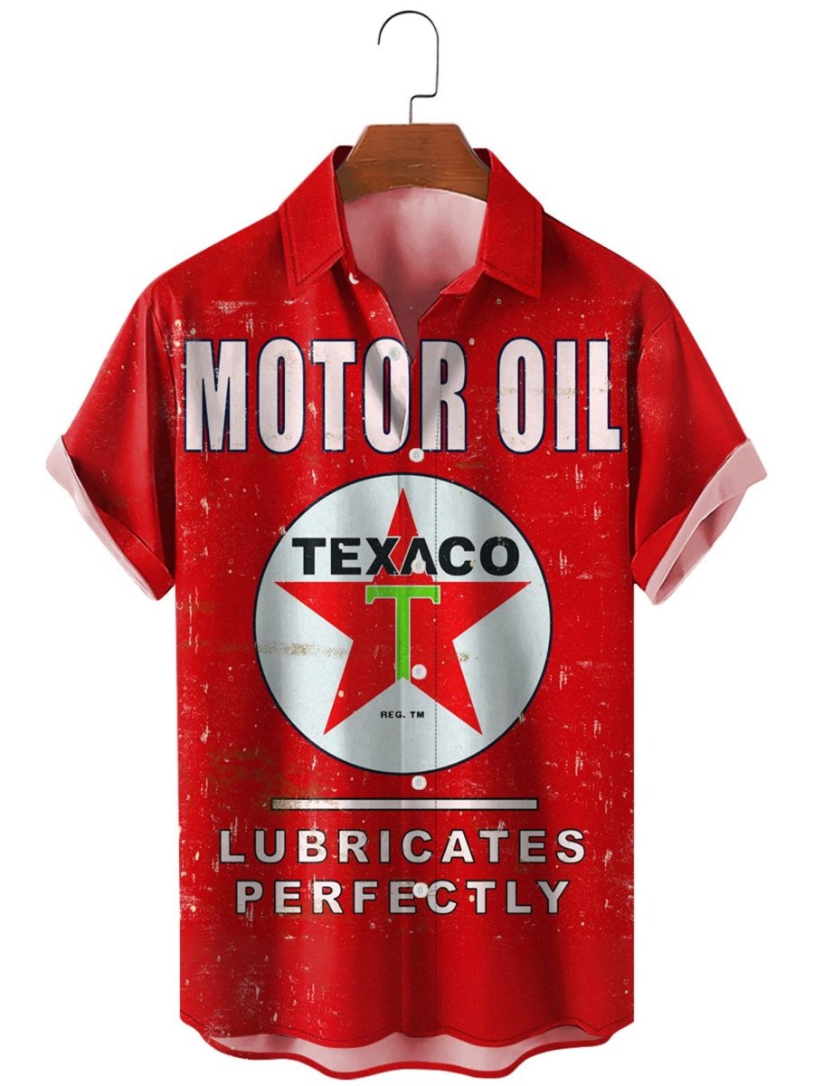 Men HLJ Shirts | Texaco Motor Oil Lube Perfect Vintage Print Casual Short Sleeve Shirt Red