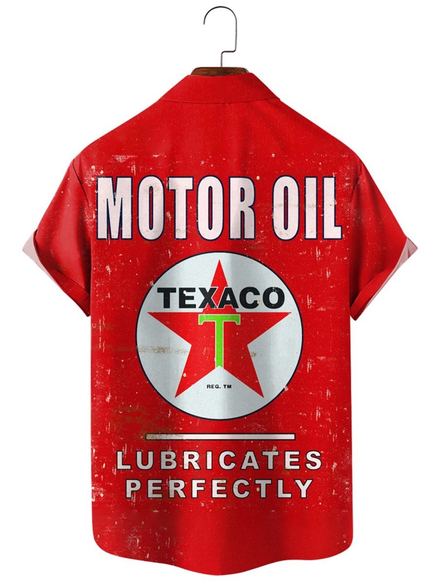 Men HLJ Shirts | Texaco Motor Oil Lube Perfect Vintage Print Casual Short Sleeve Shirt Red