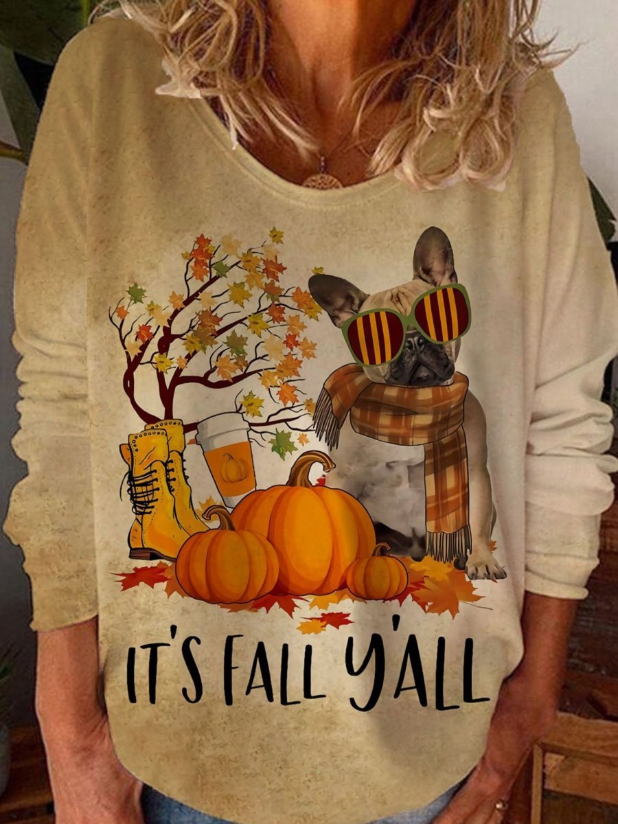 Women DJ | Round Neck Autumn Leaves Puppy Pumpkin Print Casual Long Sleeve T-Shirt Khaki