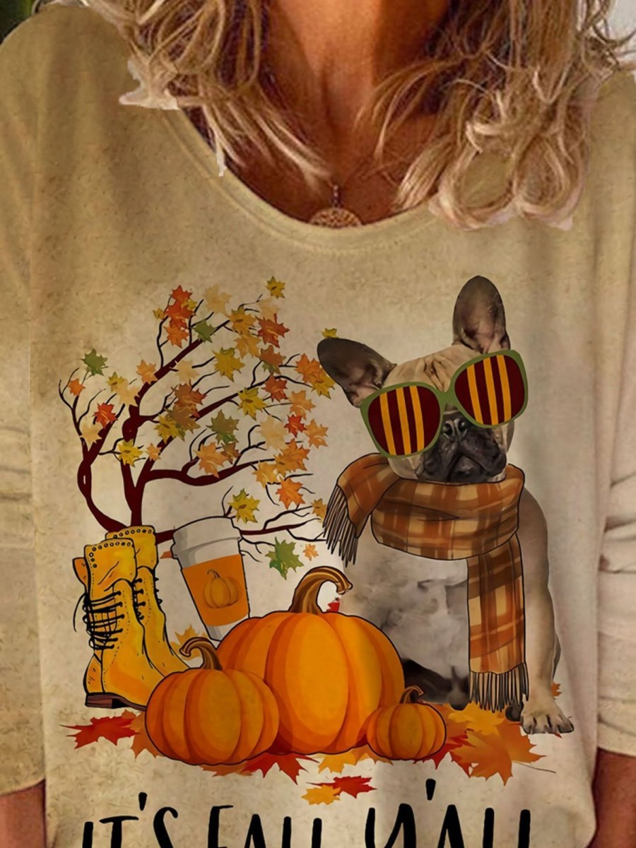 Women DJ | Round Neck Autumn Leaves Puppy Pumpkin Print Casual Long Sleeve T-Shirt Khaki