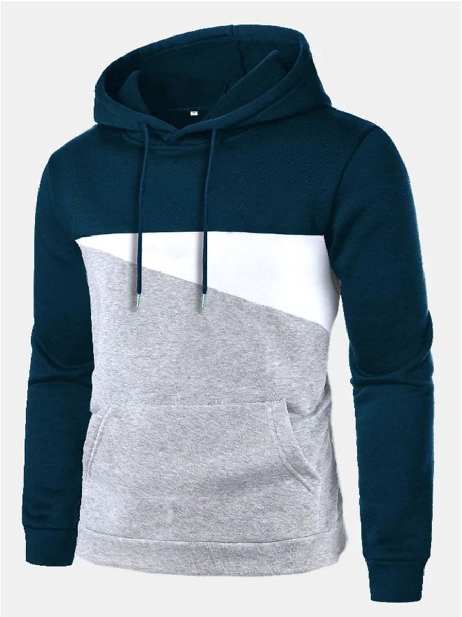 Men DJ T-Shirts | Men'S Color Block Print Basic Drawstring Hoodie Photo Color