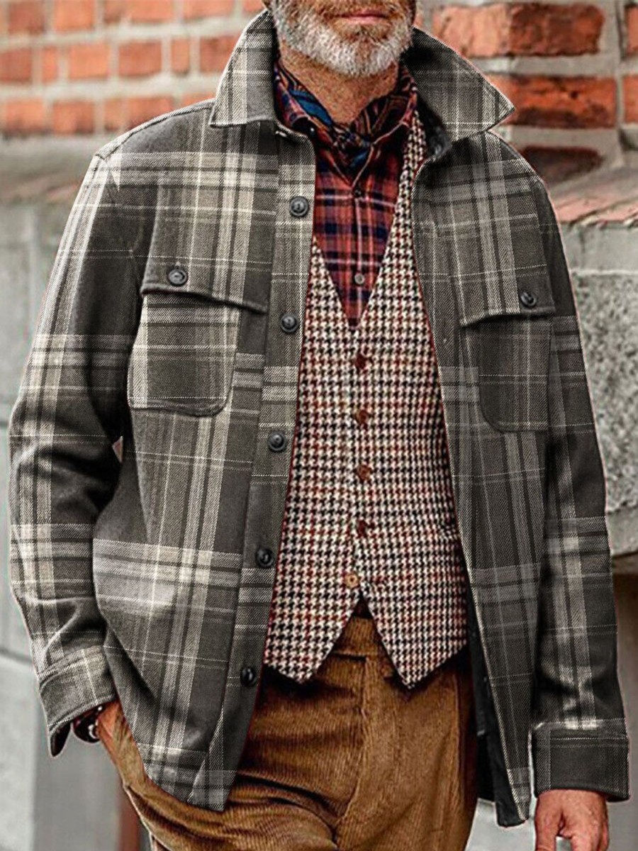 Men BXL Jacket | Men'S Casual Retro Plaid Printed Single-Breasted Jacket 87426268Xl Dark Brown