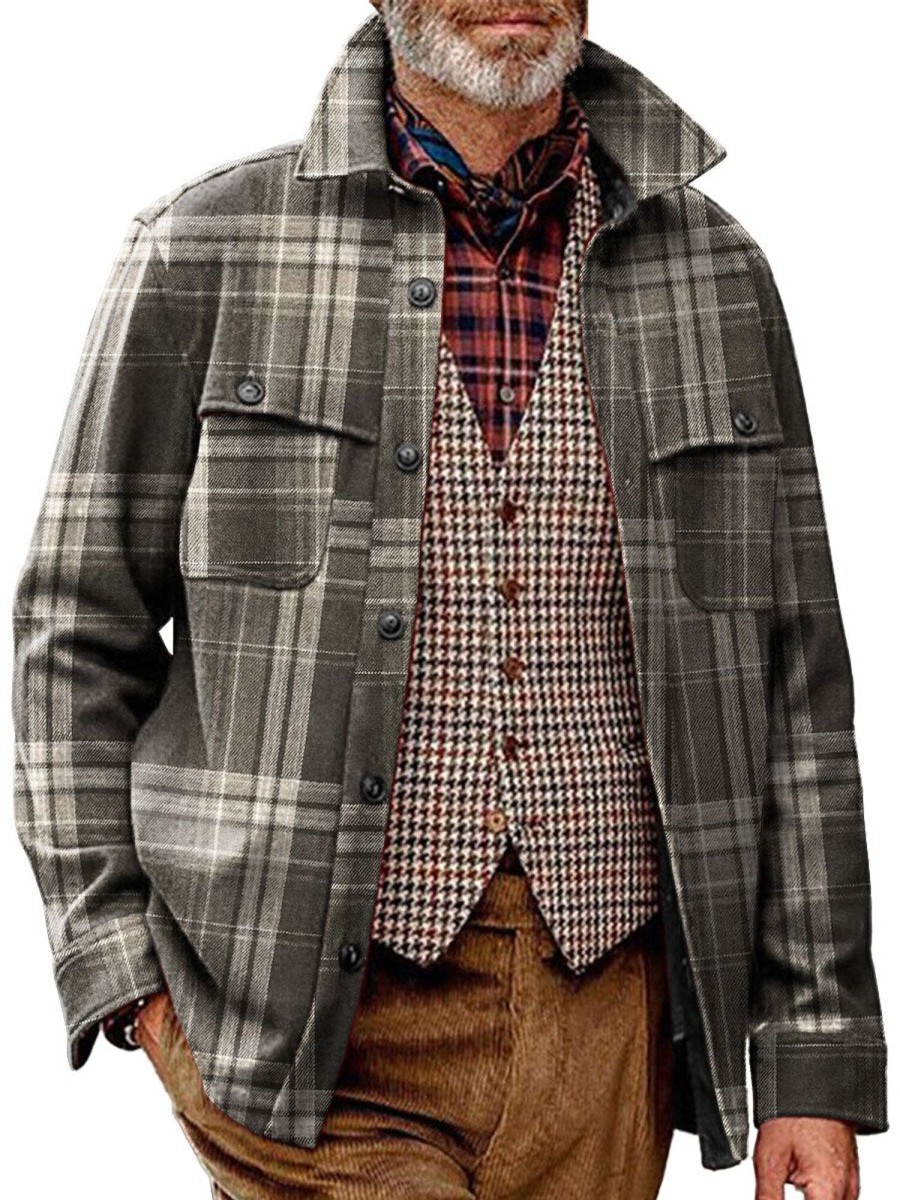 Men BXL Jacket | Men'S Casual Retro Plaid Printed Single-Breasted Jacket 87426268Xl Dark Brown