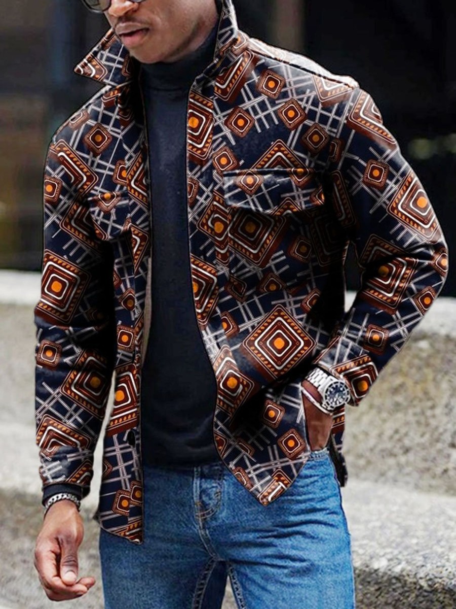 Men DJ Print Jacket | Vintage Printed Corduroy Double Pocket Lapel Jacket Photo Color