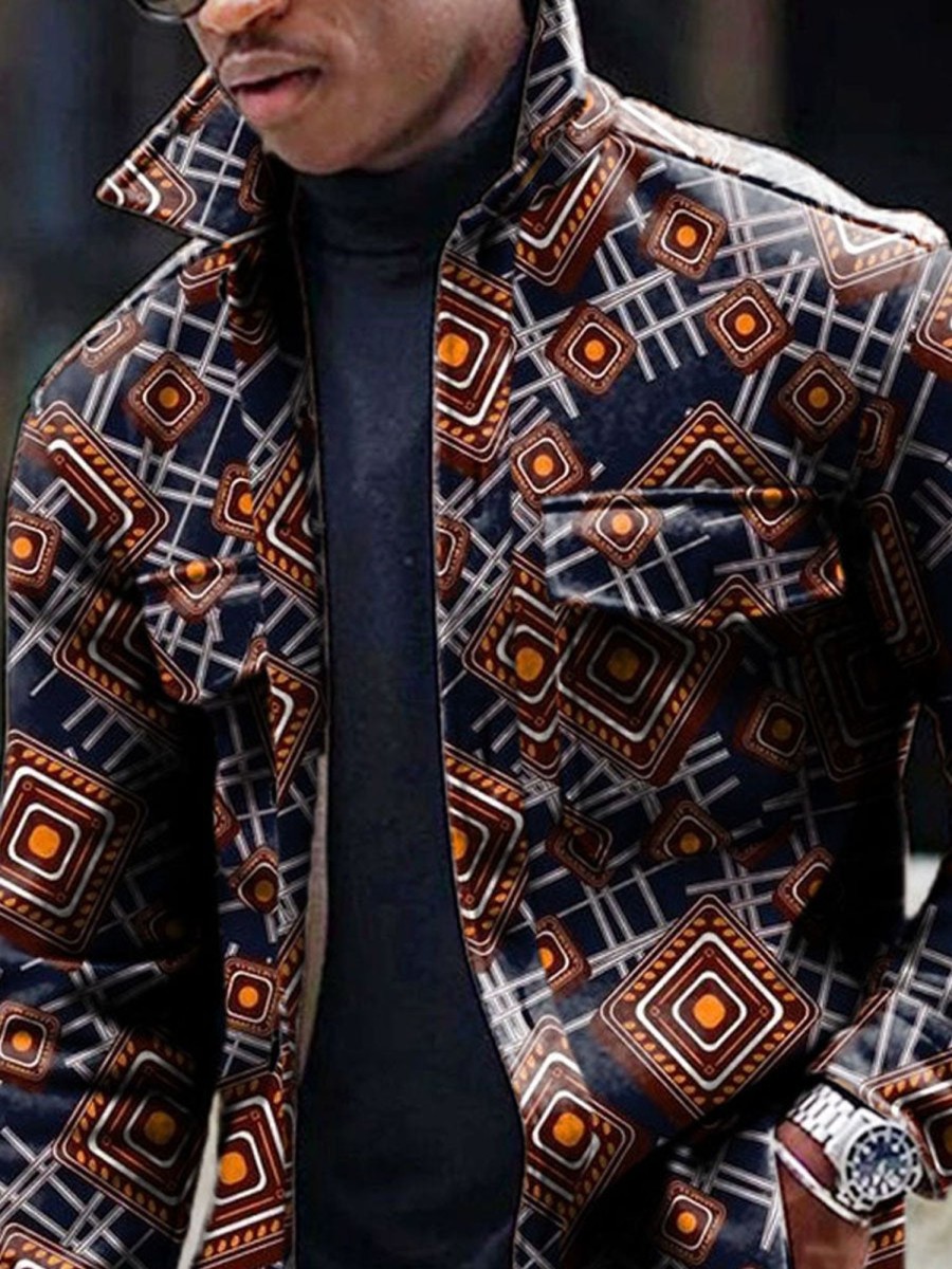 Men DJ Print Jacket | Vintage Printed Corduroy Double Pocket Lapel Jacket Photo Color