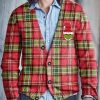 Men BXL Print Cardigan | Men'S Casual Festive Plaid U0026 Green Monster Sweater Button Up Cardigan Red