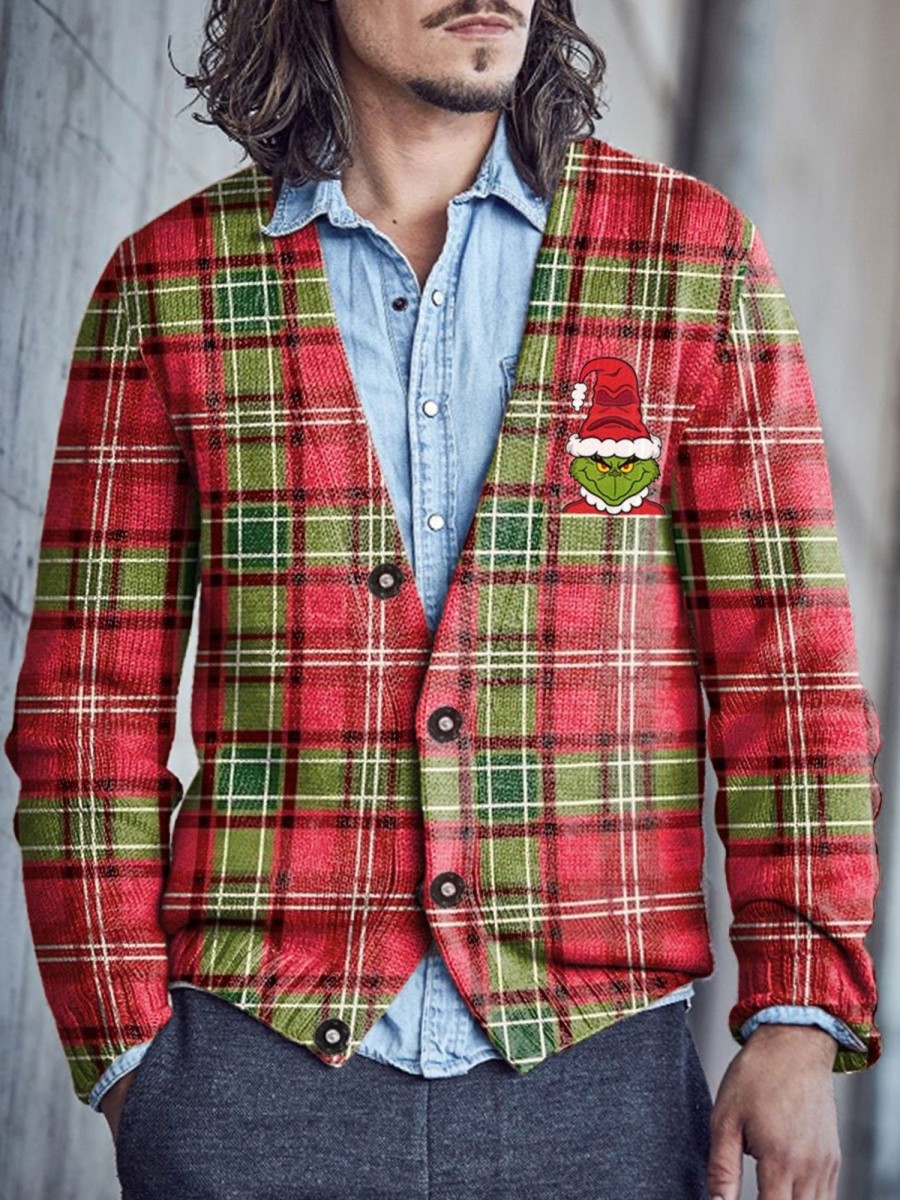 Men BXL Print Cardigan | Men'S Casual Festive Plaid U0026 Green Monster Sweater Button Up Cardigan Red