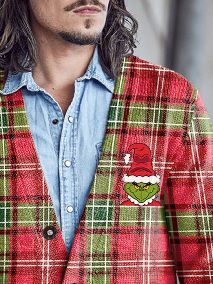 Men BXL Print Cardigan | Men'S Casual Festive Plaid U0026 Green Monster Sweater Button Up Cardigan Red