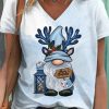 Women DJ | Christmas Cute Gnome Print Casual V-Neck Short Sleeve T-Shirt Blue