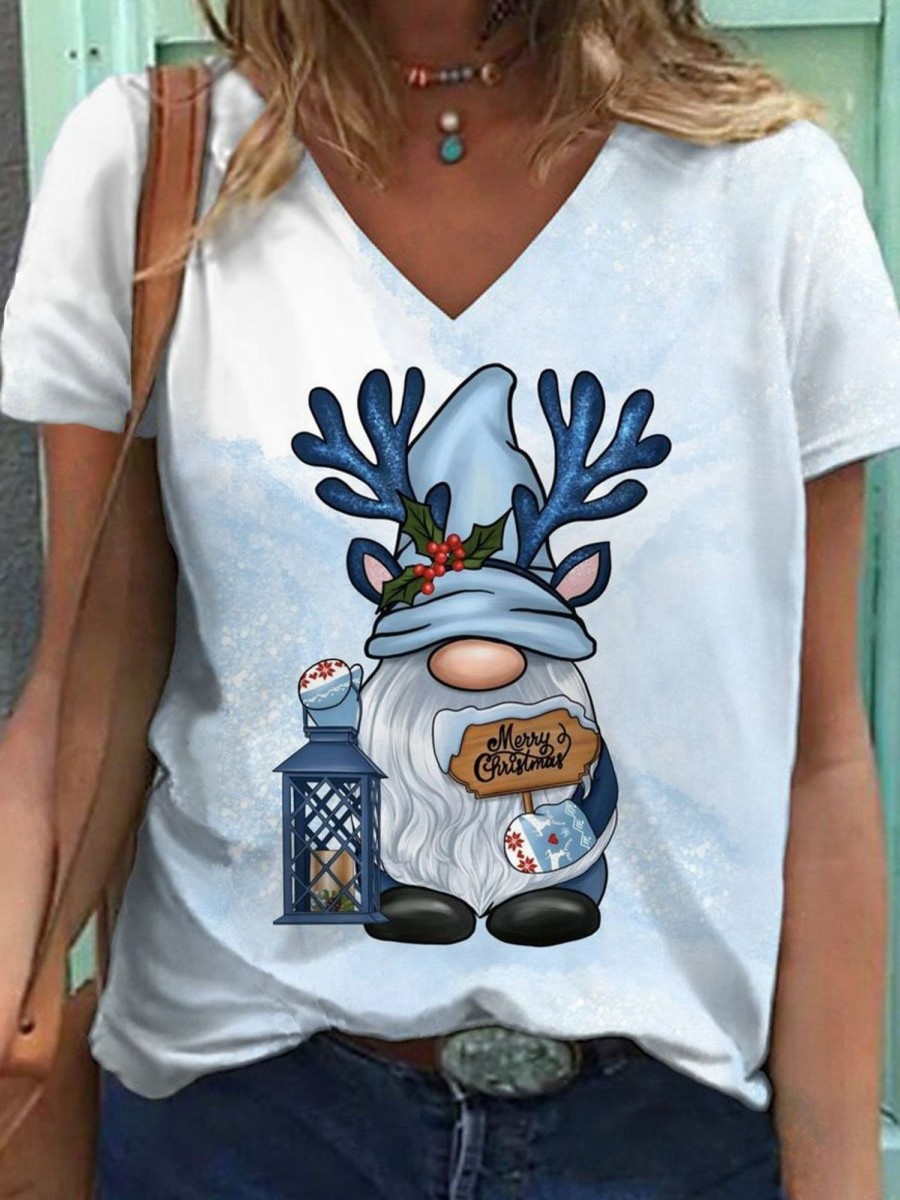 Women DJ | Christmas Cute Gnome Print Casual V-Neck Short Sleeve T-Shirt Blue