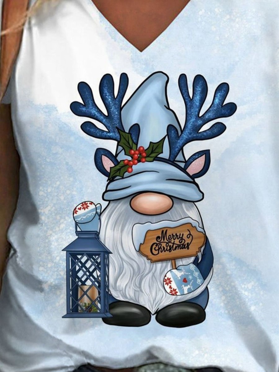 Women DJ | Christmas Cute Gnome Print Casual V-Neck Short Sleeve T-Shirt Blue