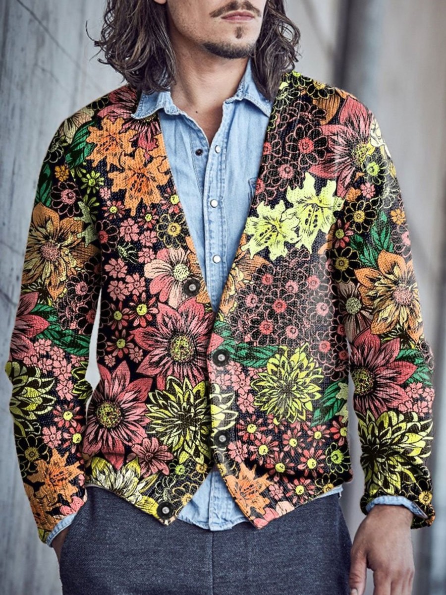 Men BXL Print Cardigan | Men'S Casual Floral Single-Breasted V-Neck Knitted Cardigan Photo Color