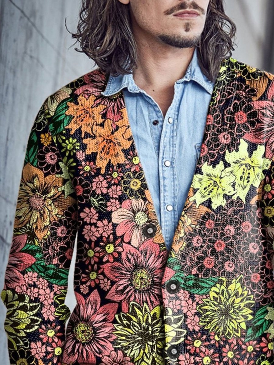 Men BXL Print Cardigan | Men'S Casual Floral Single-Breasted V-Neck Knitted Cardigan Photo Color