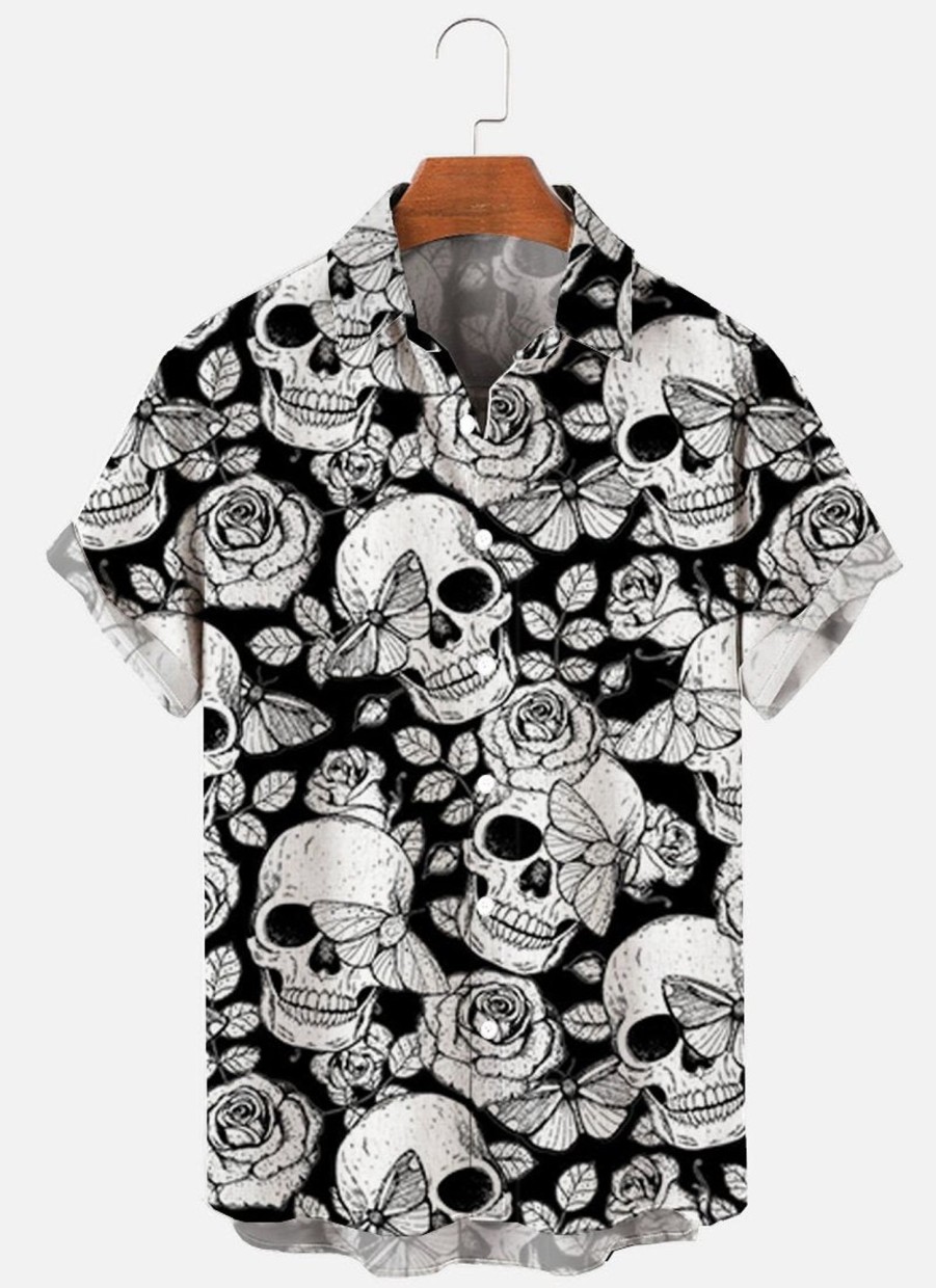 Men XT Shirts | Men'S Floral Skull Print Short Sleeve Shirt 12719280 Black