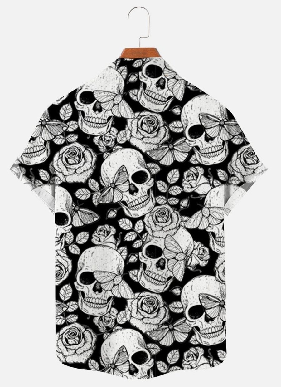 Men XT Shirts | Men'S Floral Skull Print Short Sleeve Shirt 12719280 Black