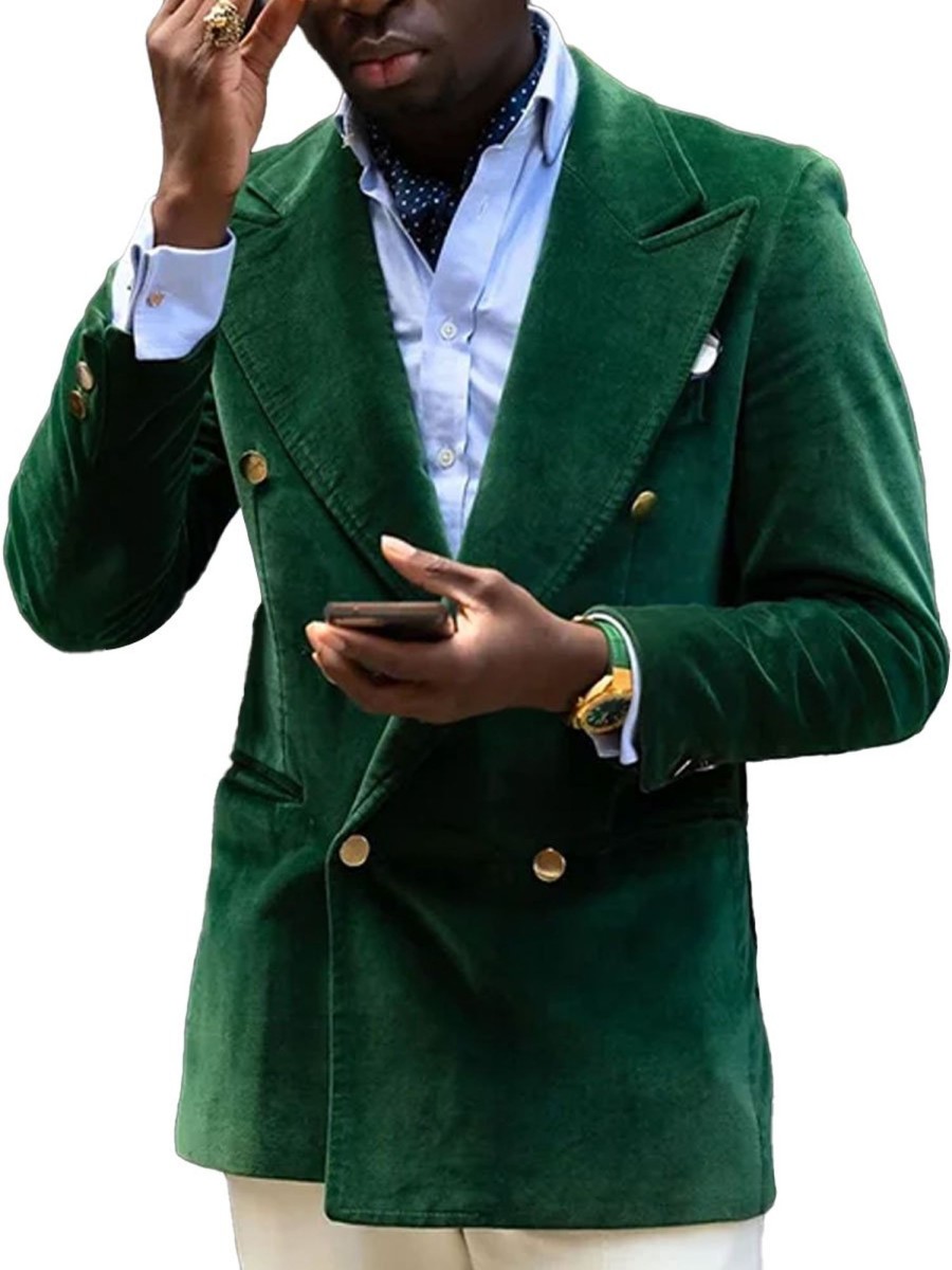 Men BXL Jacket | Retro Solid Color Gold Velvet Casual Double-Breasted Blazer Jade Green