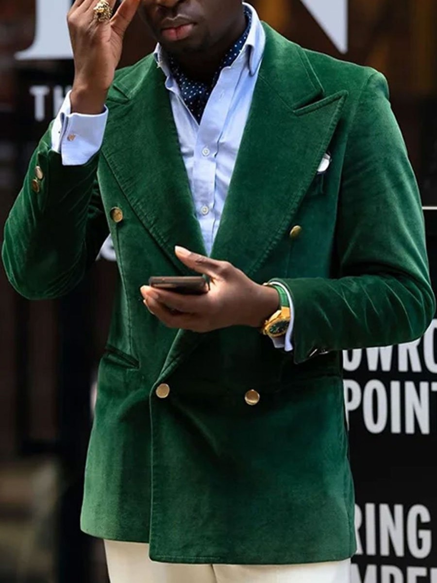 Men BXL Jacket | Retro Solid Color Gold Velvet Casual Double-Breasted Blazer Jade Green