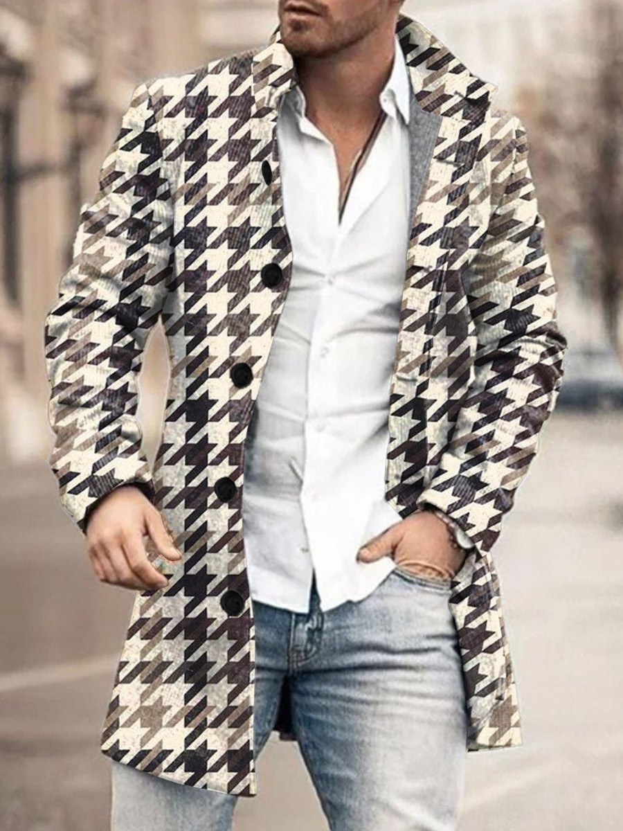 Men DJ Print Jacket | Vintage Houndstooth Print Double Pocket Single Breasted Jacket Photo Color