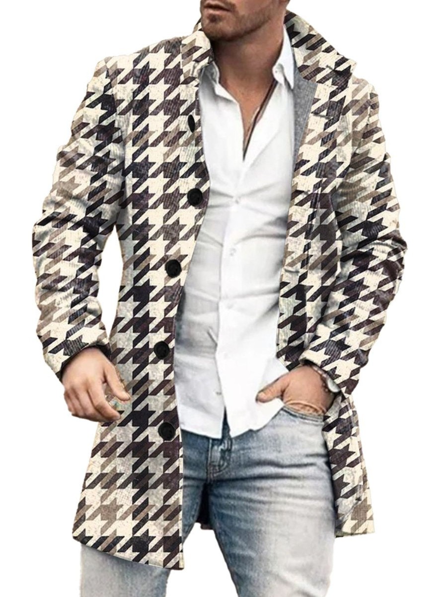 Men DJ Print Jacket | Vintage Houndstooth Print Double Pocket Single Breasted Jacket Photo Color