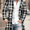 Men DJ Print Jacket | Retro And White Plaid Print Stand Collar Double Pocket Woolen Coat Black