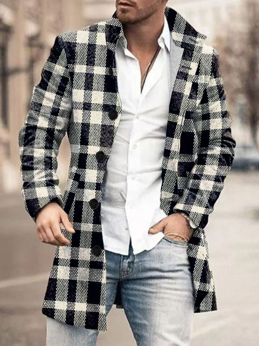 Men DJ Print Jacket | Retro And White Plaid Print Stand Collar Double Pocket Woolen Coat Black