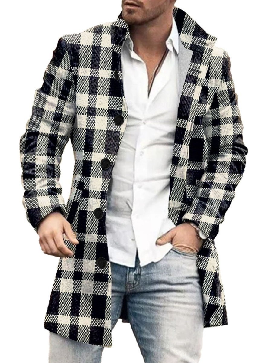 Men DJ Print Jacket | Retro And White Plaid Print Stand Collar Double Pocket Woolen Coat Black