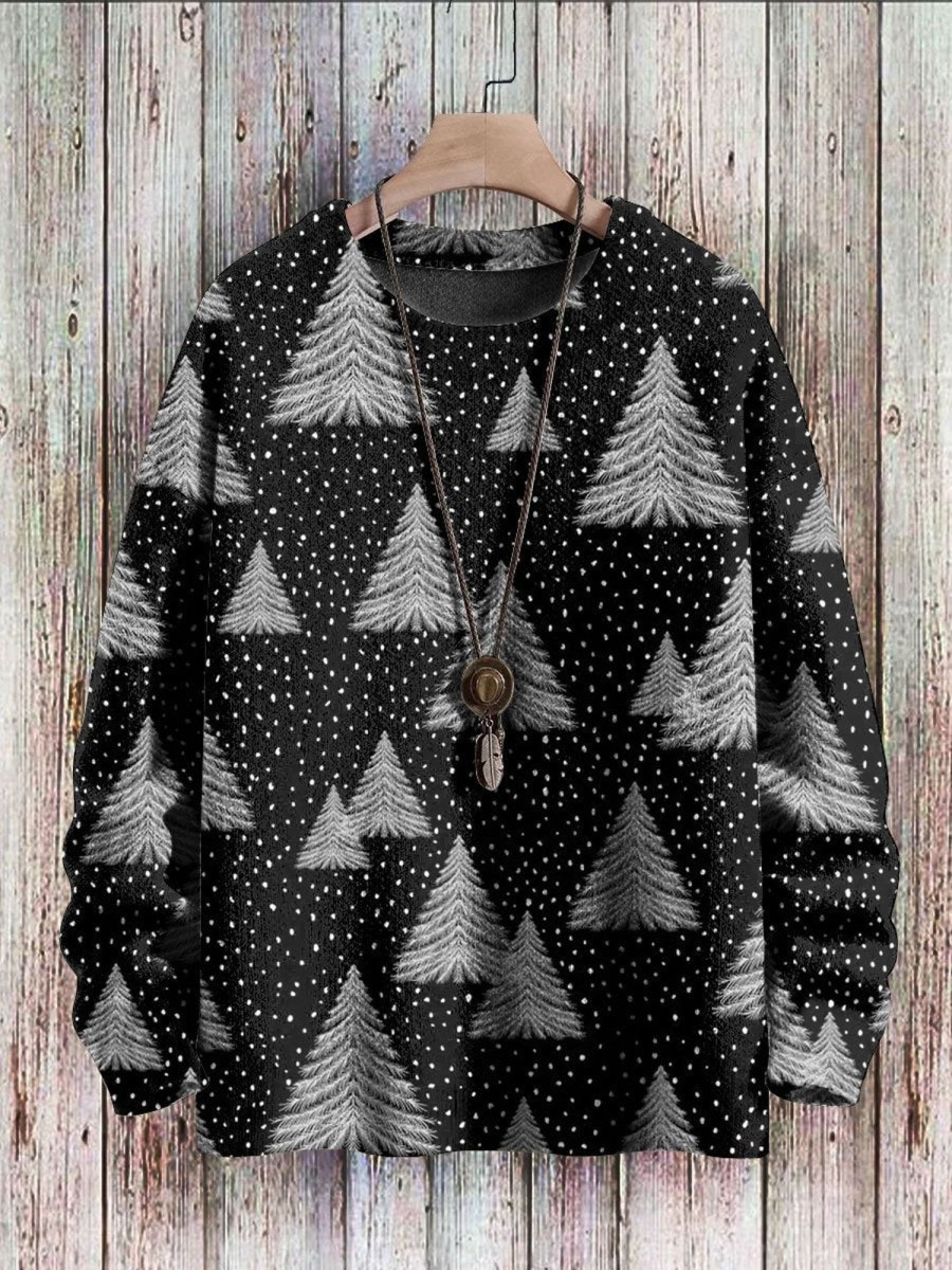 Men BXL Print Sweater | Casual Loose Christmas Tree Round Neck Pullover Knitted Sweater Black