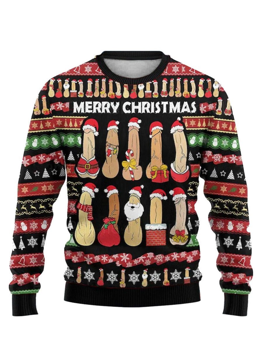 Men DJ Ugly Sweater | Dirty Ugly Cockmas Print Casual Crewneck Sweatshirt Photo Color