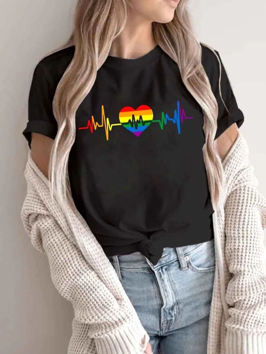 Women DJ | Rainbow Heartbeat Print Casual Round Neck Short Sleeve T-Shirt