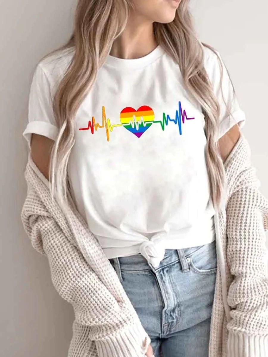 Women DJ | Rainbow Heartbeat Print Casual Round Neck Short Sleeve T-Shirt