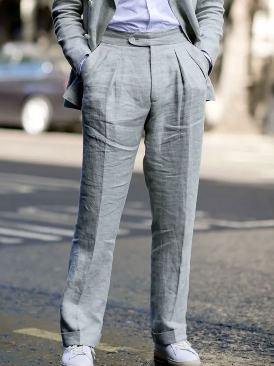 Men BXL Bottoms | Men'S Cotton And Linen Pocket Casual Suit Pants Gray Blue