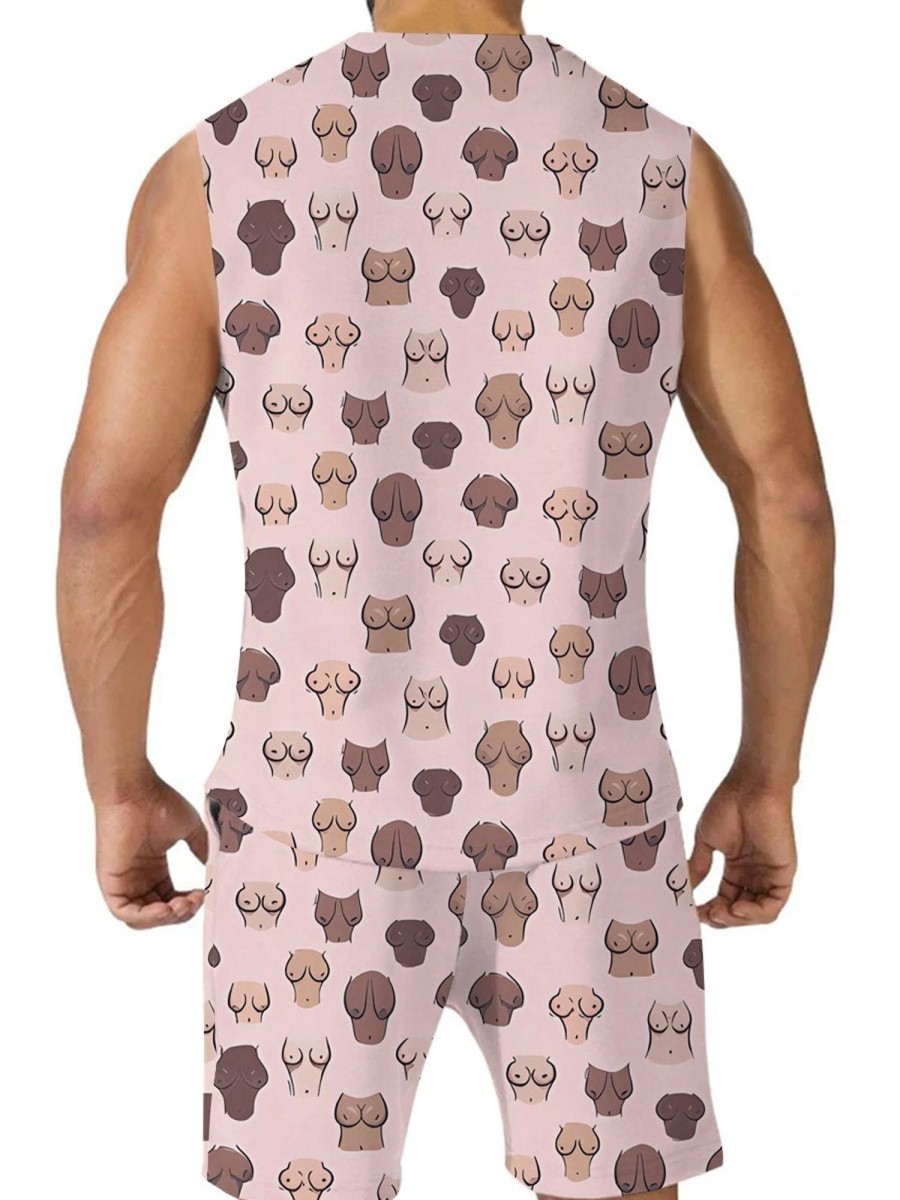 Men DJ Set | Retro Boobs Print Tank Shorts Two-Piece Set Pink