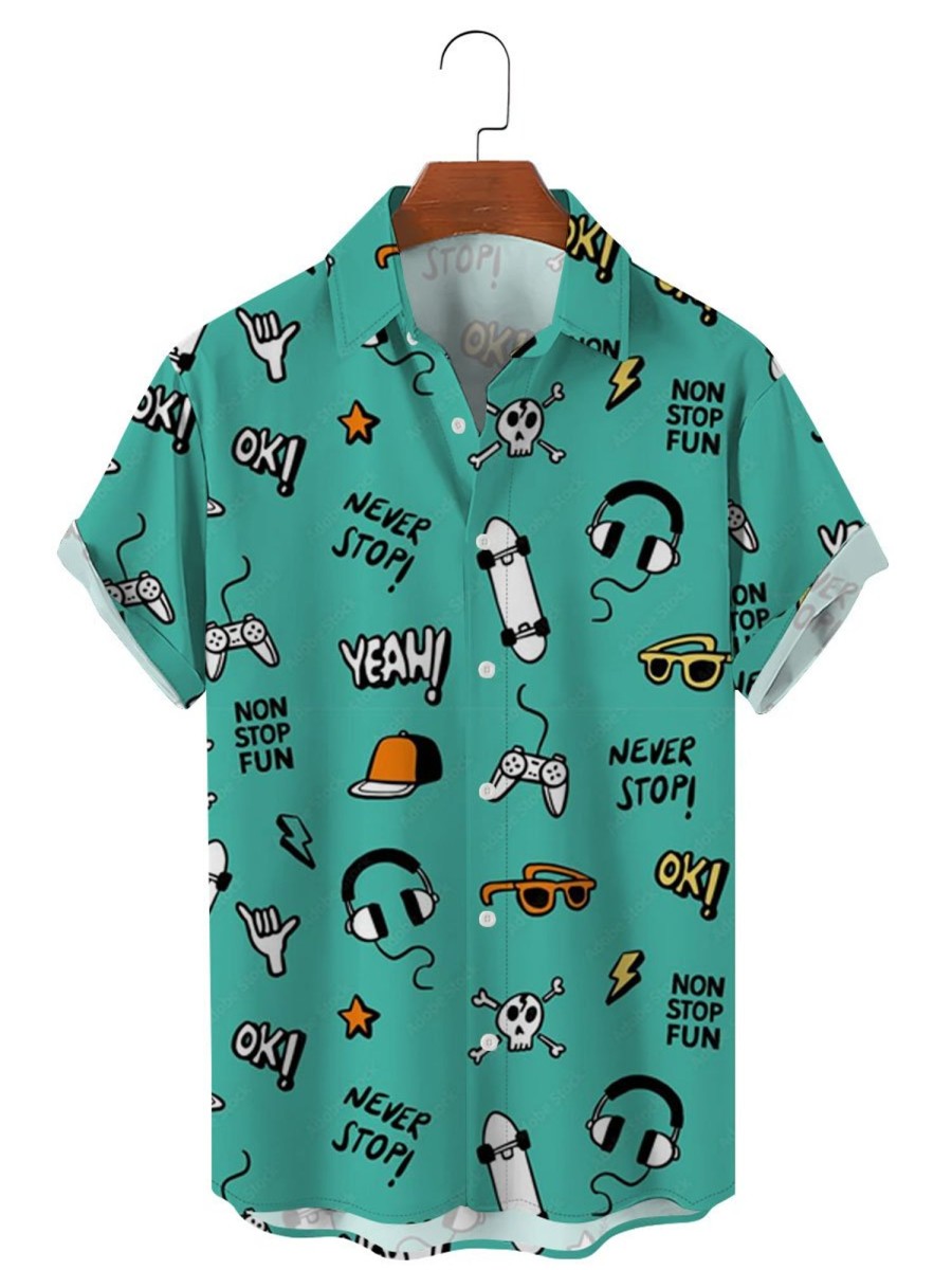 Men TH Shirts | Men'S Hand Drawn Cartoon Short Sleeve Shirt Green