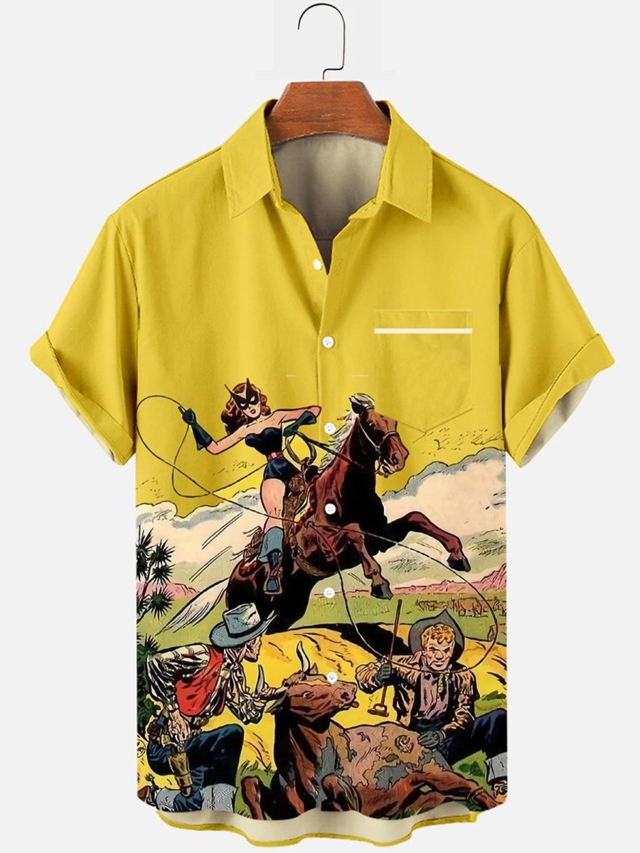 Men HLJ Shirts | Men'S Vintage Denim Equestrian Resort Hawaiian Shirt Yellow