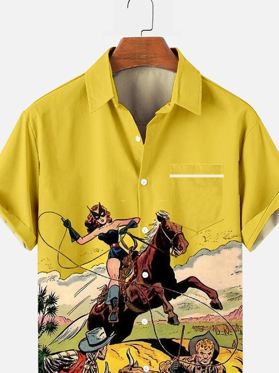 Men HLJ Shirts | Men'S Vintage Denim Equestrian Resort Hawaiian Shirt Yellow