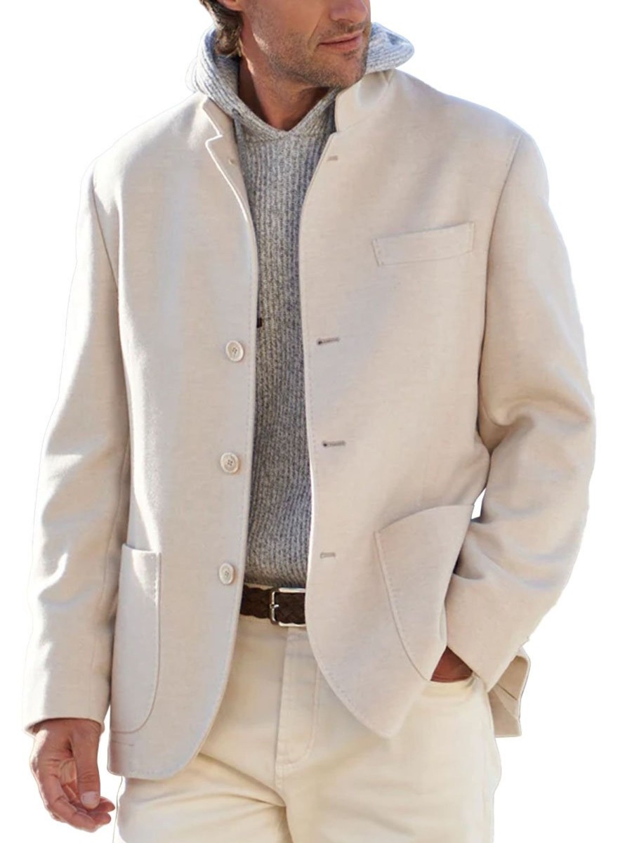 Men DJ Jacket | Solid Color Stand Collar 3 Pocket Casual Woolen Blazer Beige