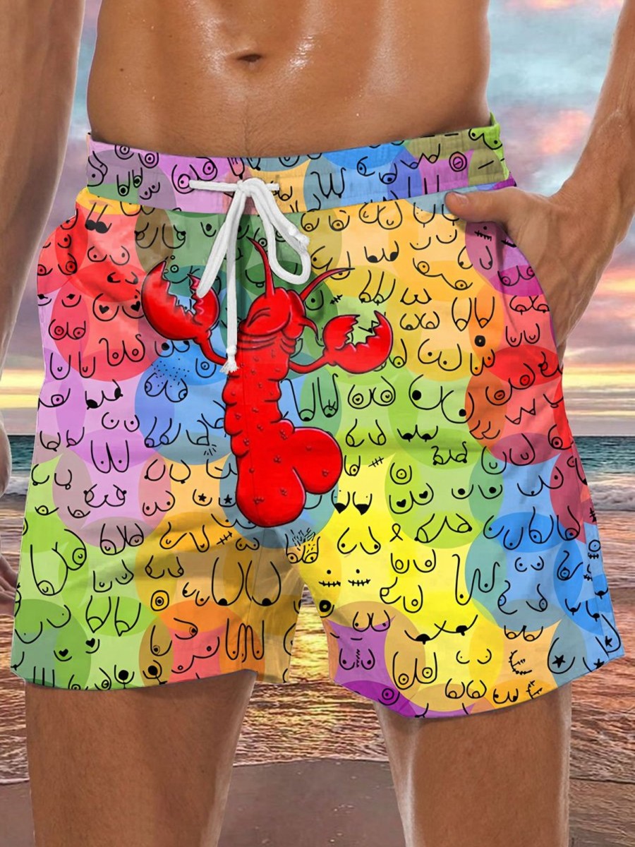 Men DJ Bottoms | Colorful Boobs And Lobster Cock Print Pocket Shorts Photo Color