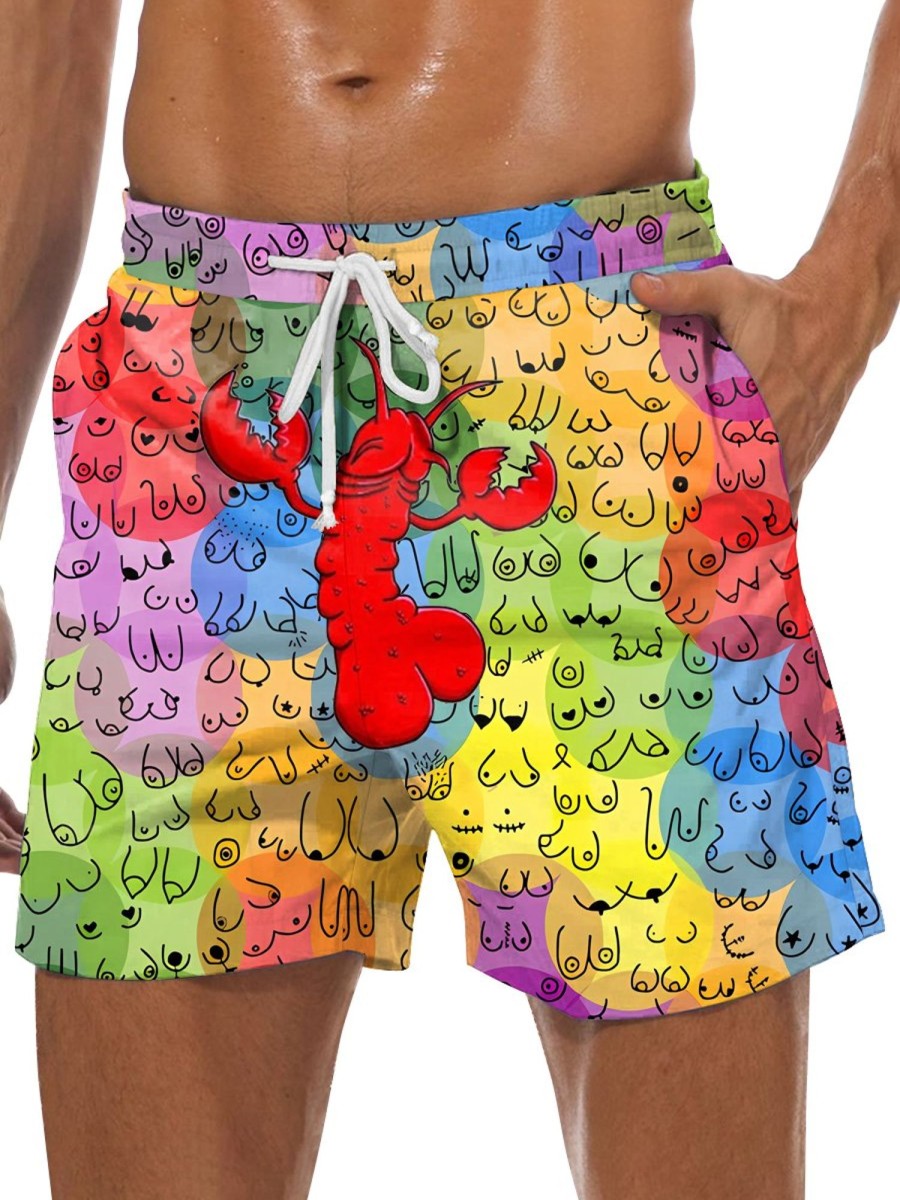 Men DJ Bottoms | Colorful Boobs And Lobster Cock Print Pocket Shorts Photo Color