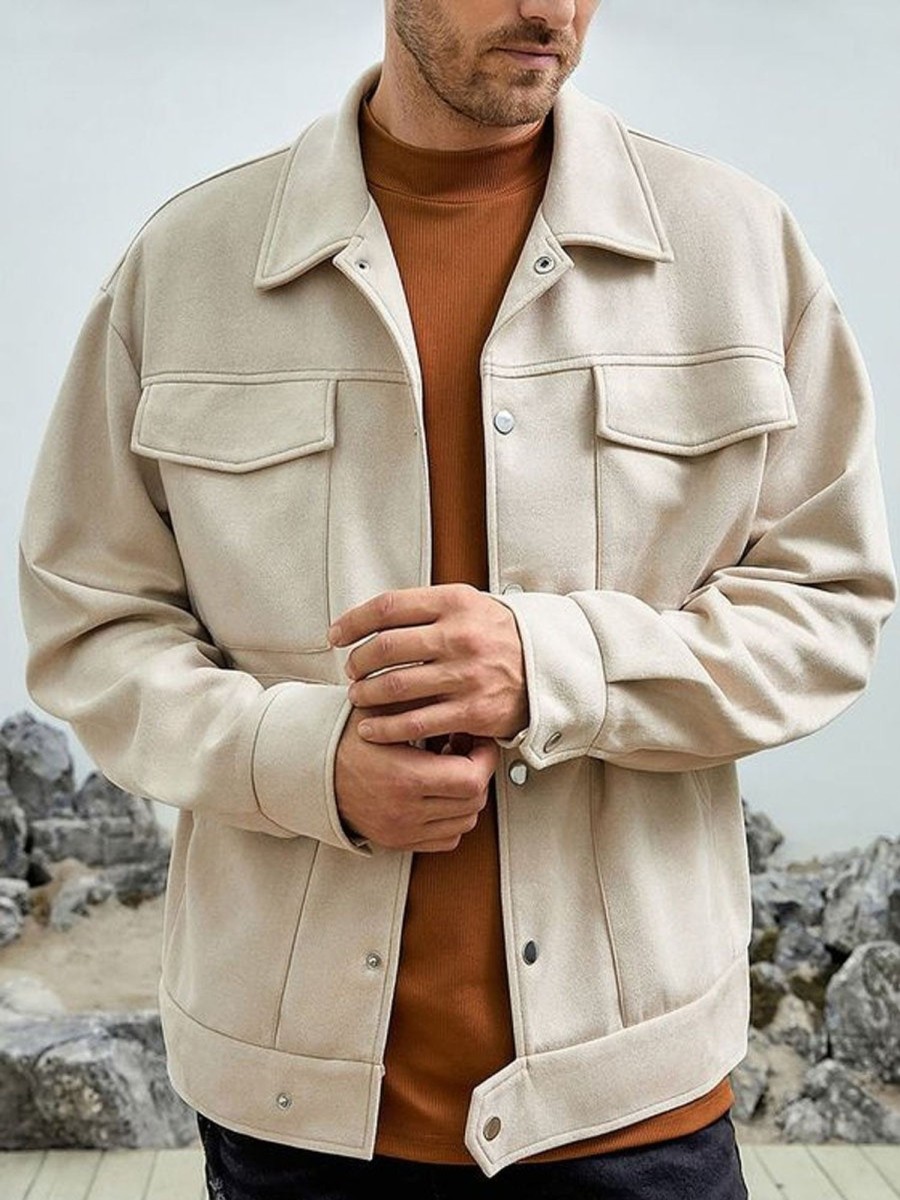 Men DJ Jacket | Solid Color Lapel 4-Pocket Casual Woolen Jacket Beige