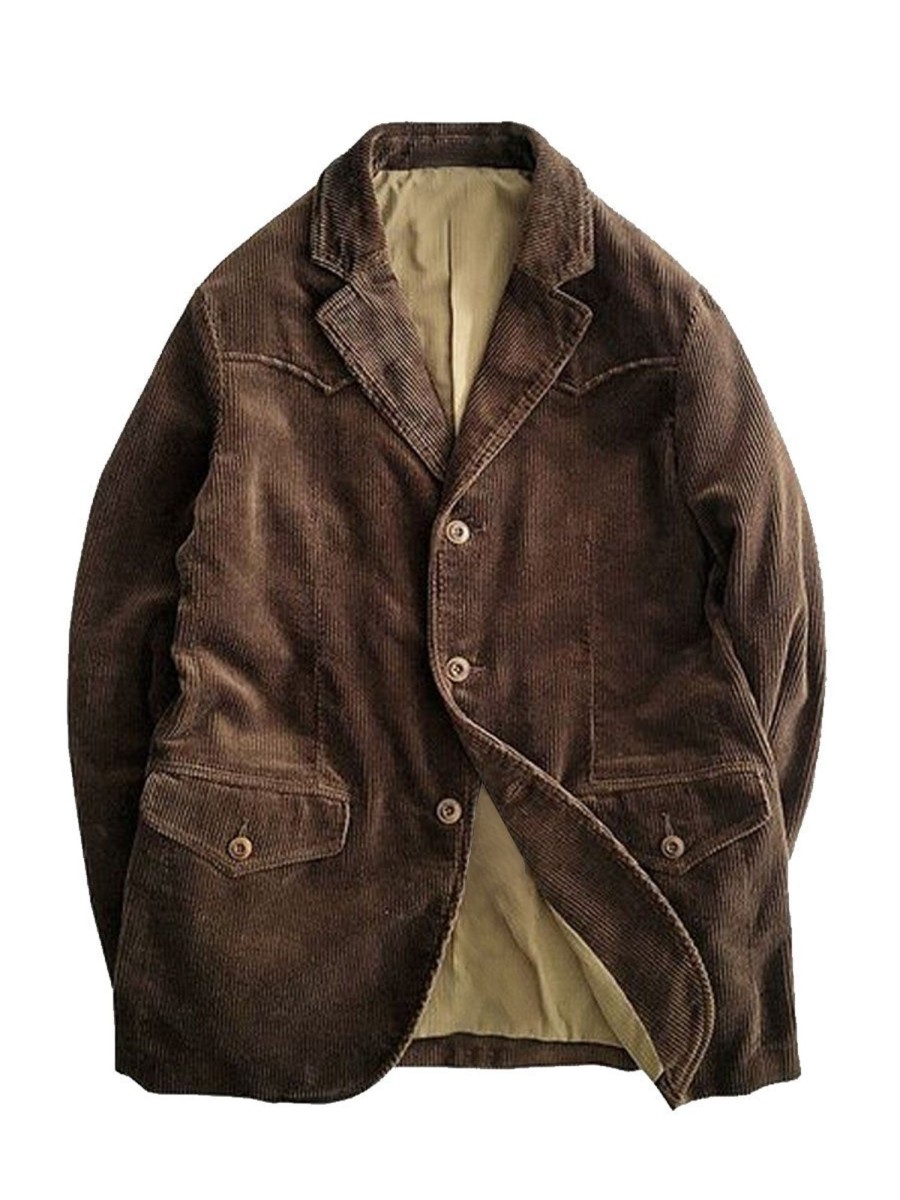 Men DJ Jacket | Vintage Corduroy Double-Pocket Lapel Single-Breasted Jacket Brown